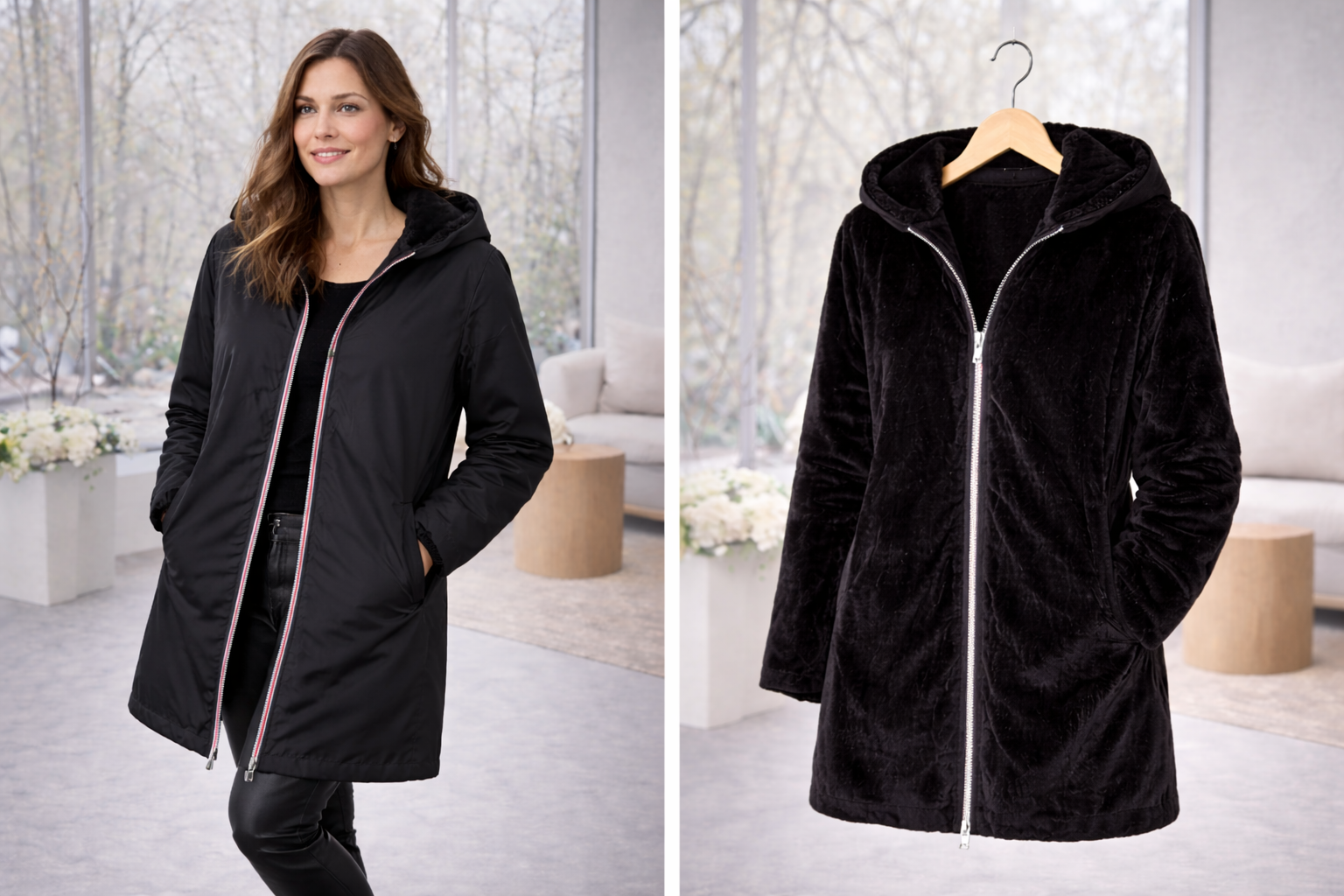 LAURA JO - Imperméable fourré réversible long (Noir)