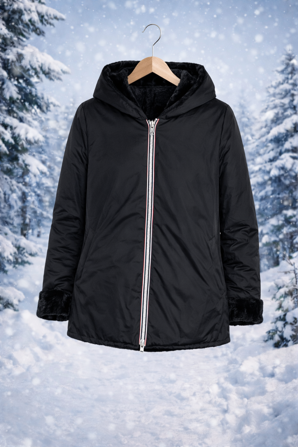 LAURA JO - Imperméable fourré matelassé réversible court (Noir)