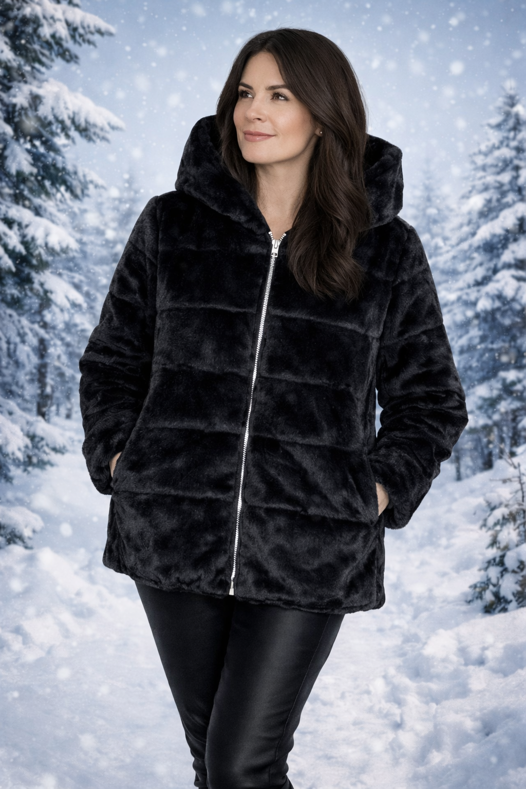 LAURA JO - Imperméable fourré matelassé réversible court (Noir)