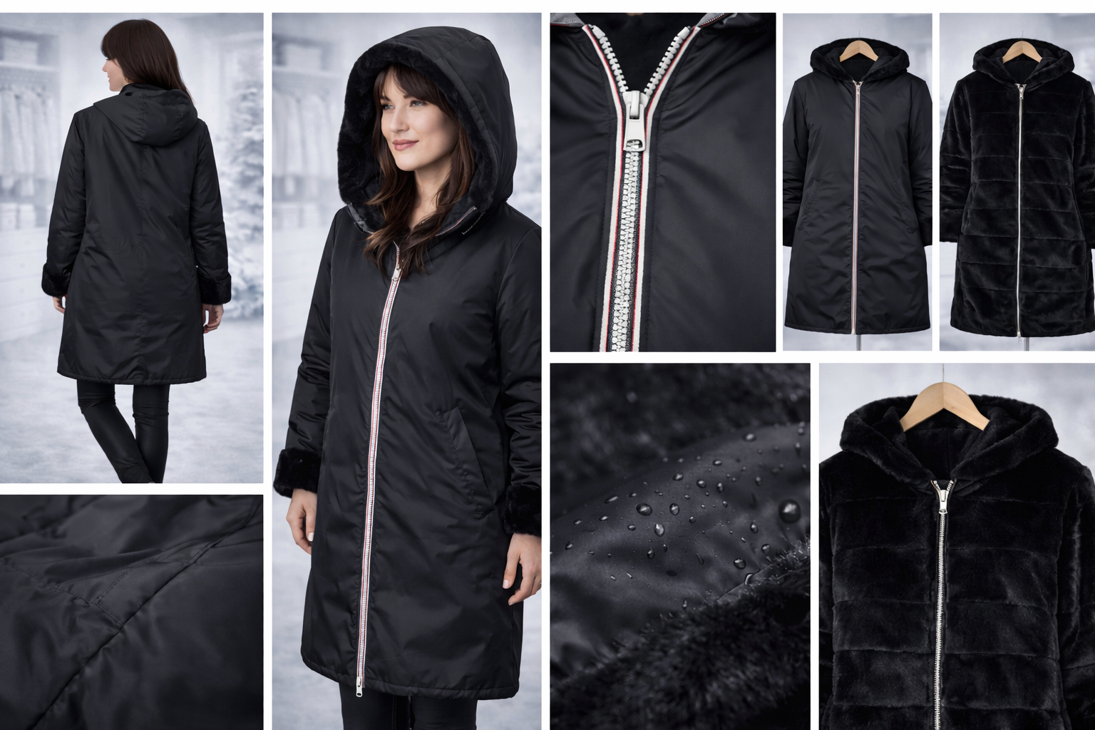 LAURA JO - Imperméable fourré réversible long (matelassé)- Noir