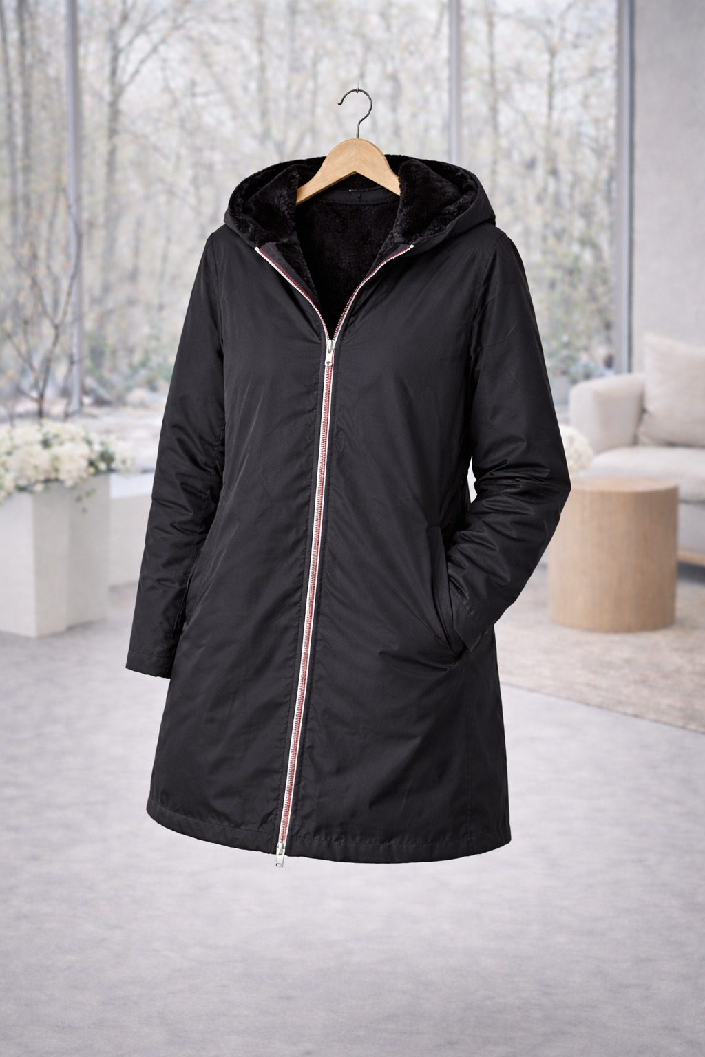 LAURA JO - Imperméable fourré réversible long (Noir)