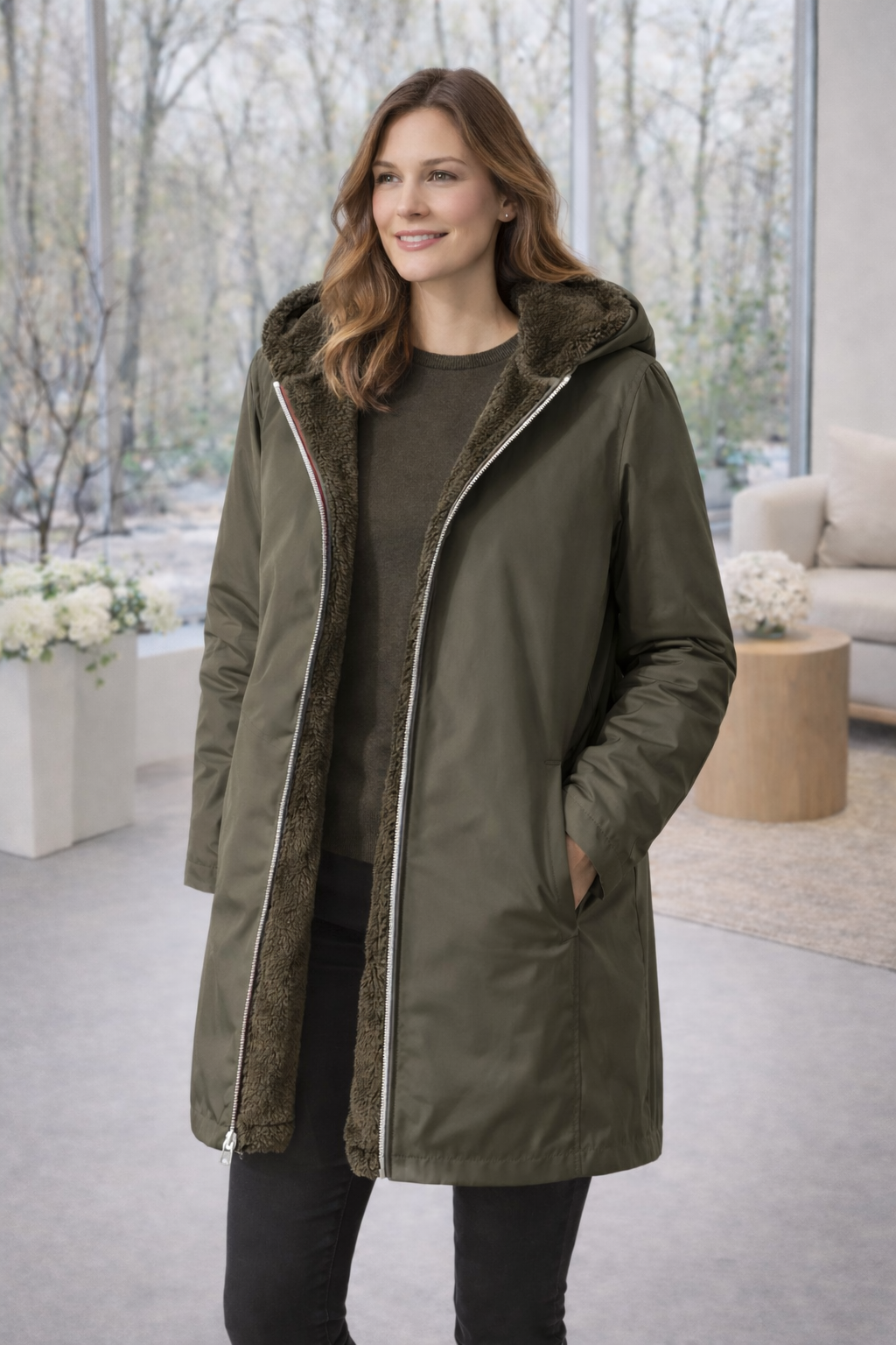LAURA JO - Imperméable fourré réversible long (Kaki)