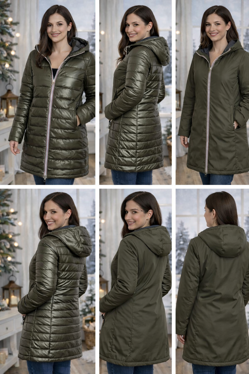 LAURA JO - Doudoune réversible longue brillante (Kaki)