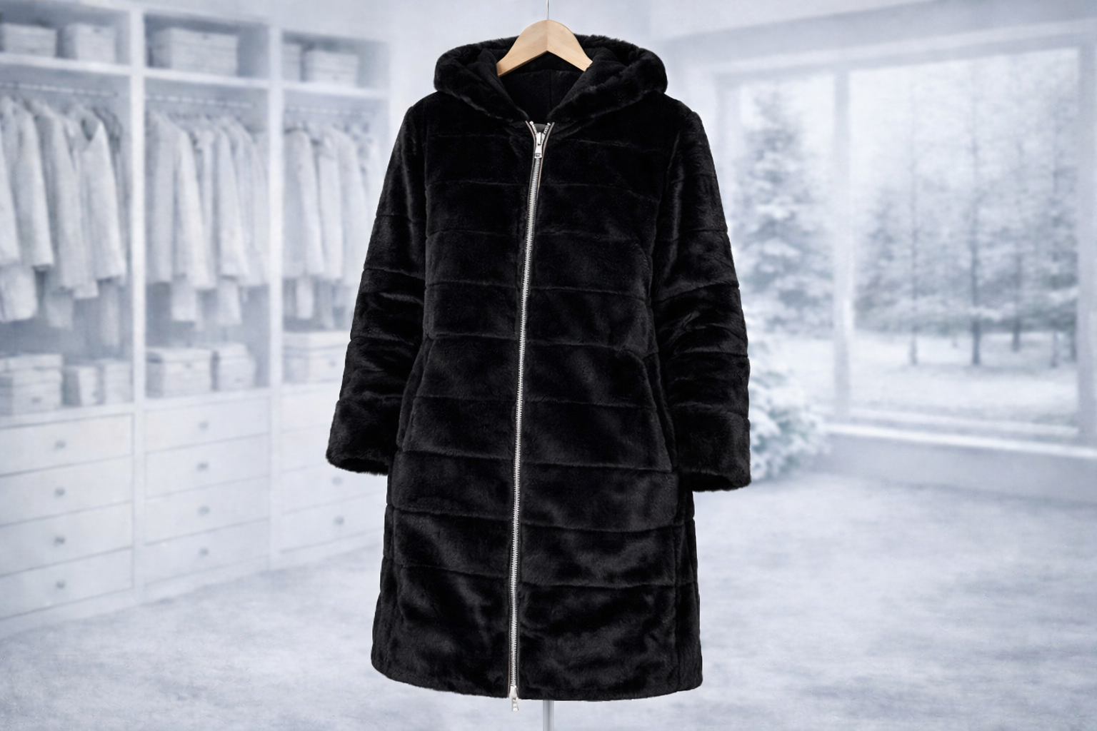 LAURA JO - Imperméable fourré réversible long (matelassé)- Noir