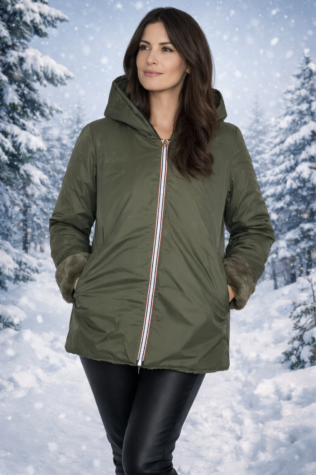 LAURA JO - Imperméable fourré matelassé réversible court (Kaki)