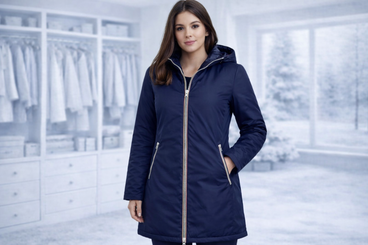 LAURA JO - Doudoune réversible longue brillante (Bleu)