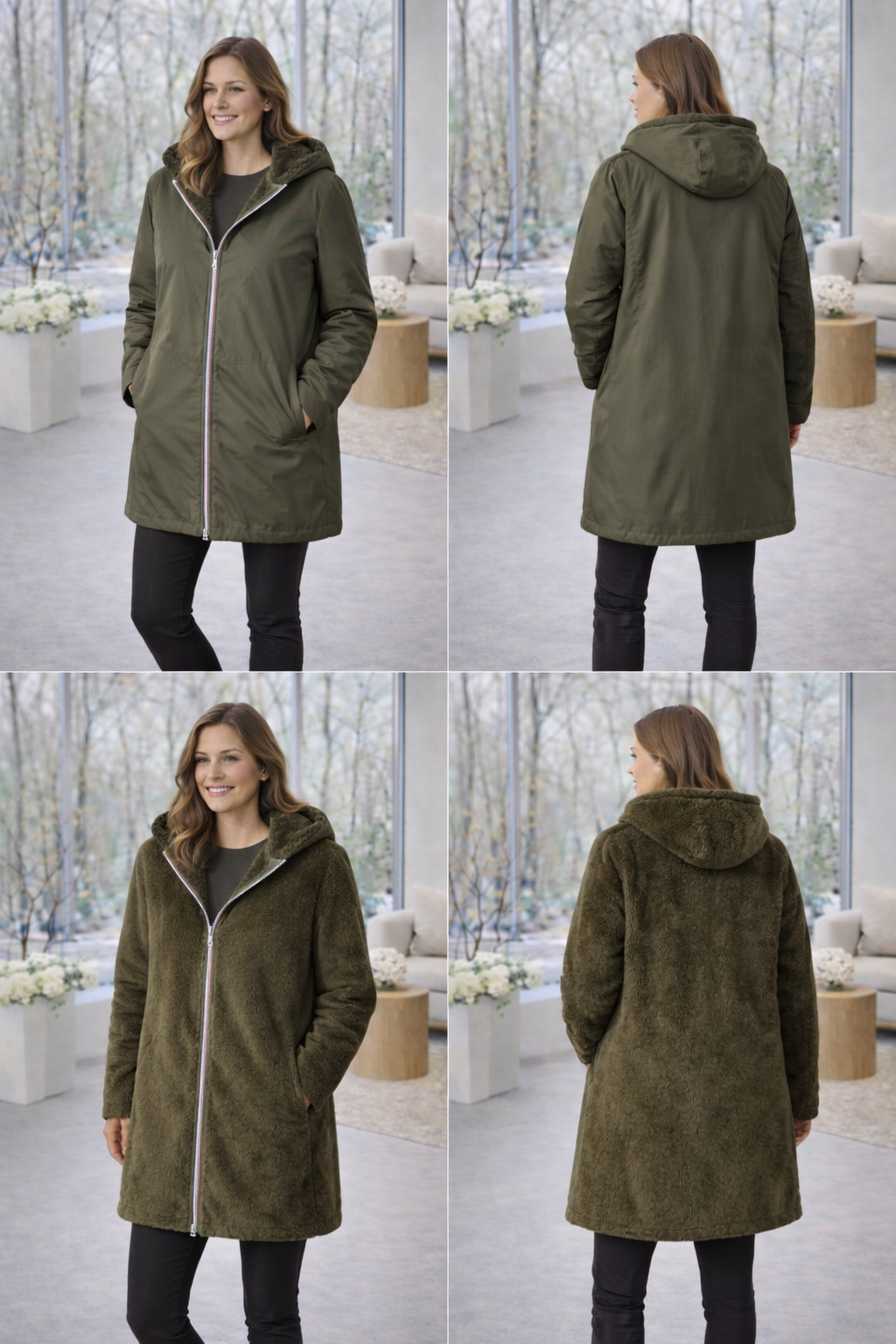LAURA JO - Imperméable fourré réversible long (Kaki)