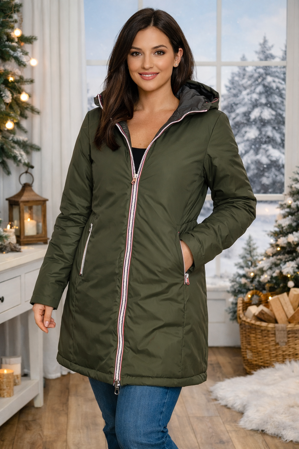 LAURA JO - Doudoune réversible longue brillante (Kaki)