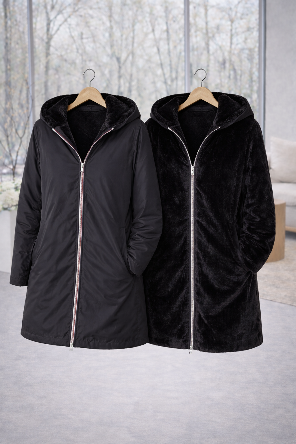 LAURA JO - Imperméable fourré réversible long (Noir)