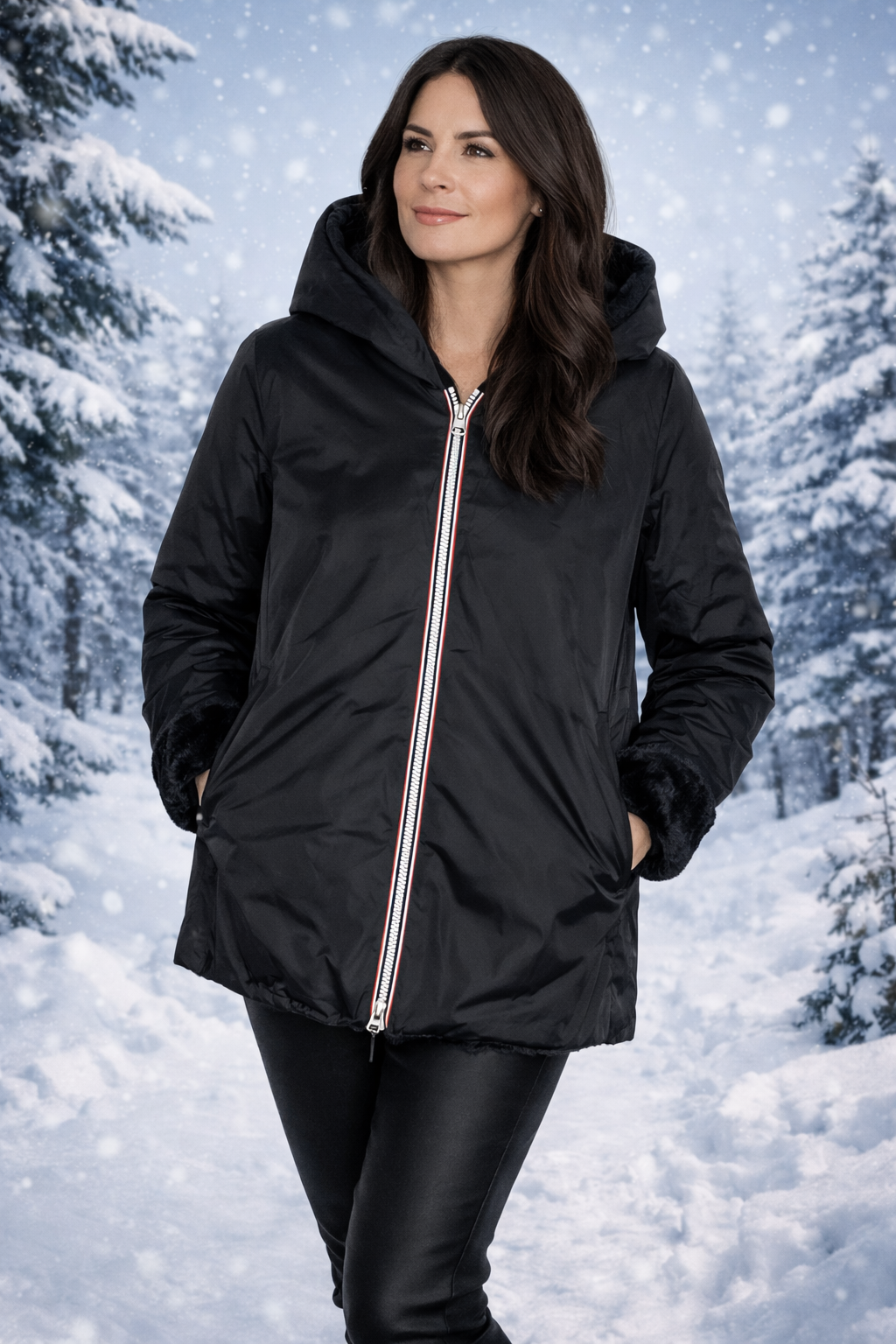 LAURA JO - Imperméable fourré matelassé réversible court (Noir)