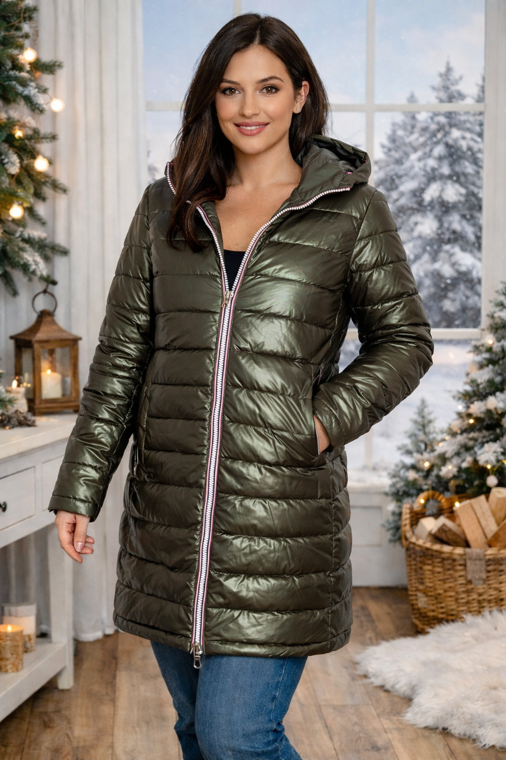LAURA JO - Doudoune réversible longue brillante (Kaki)