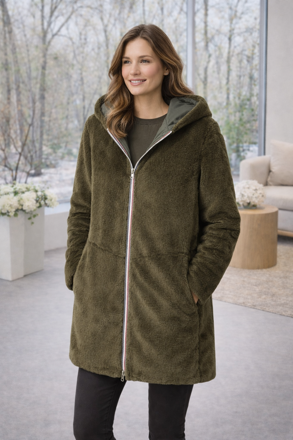 LAURA JO - Imperméable fourré réversible long (Kaki)