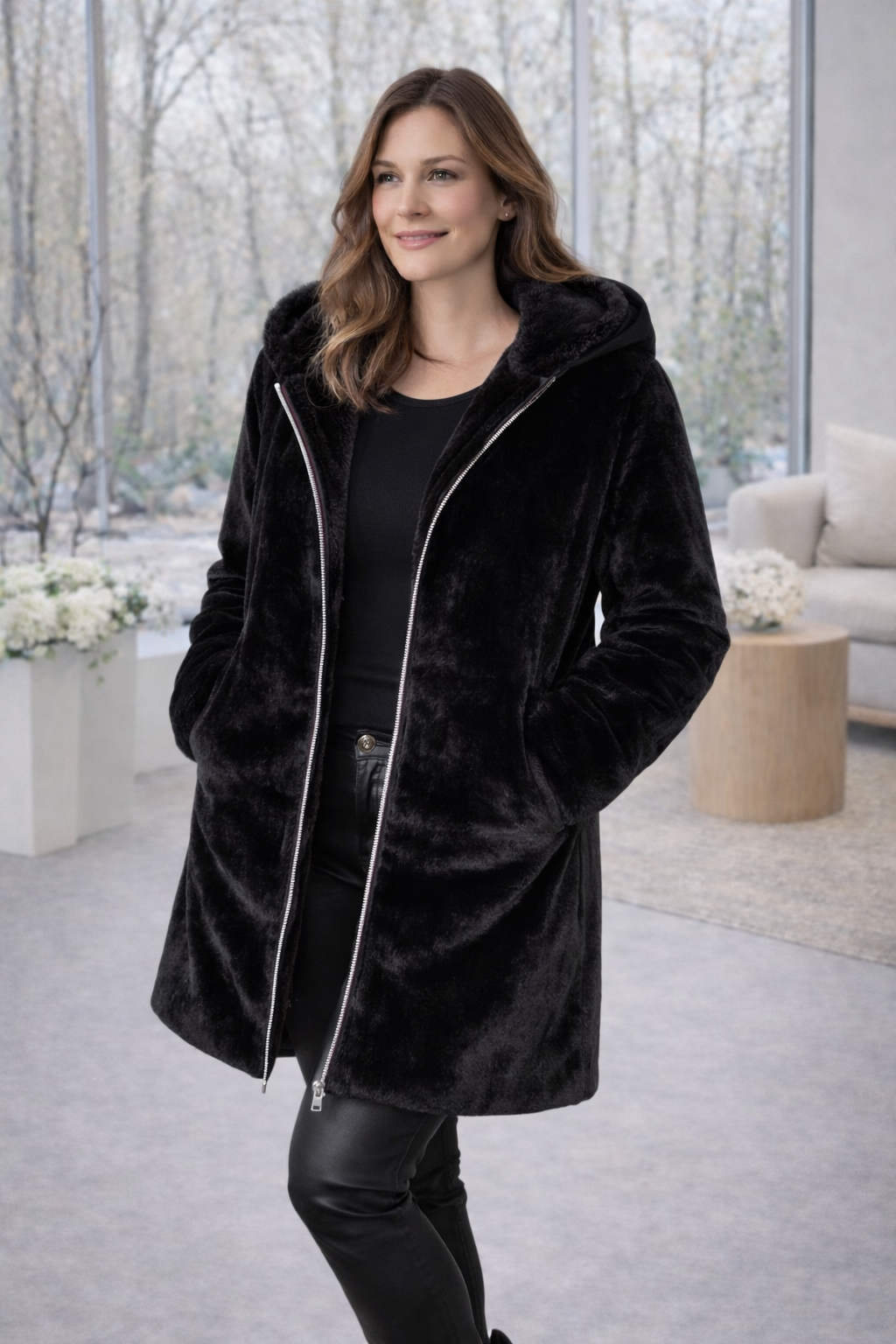 LAURA JO - Imperméable fourré réversible long (Noir)