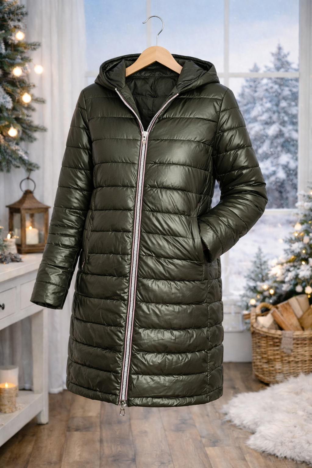 LAURA JO - Doudoune réversible longue brillante (Kaki)