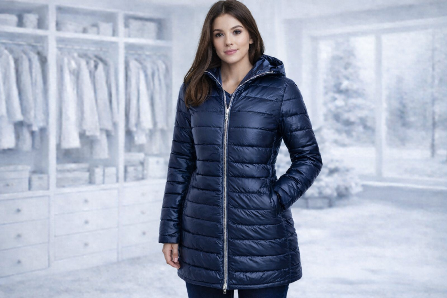 LAURA JO - Doudoune réversible longue brillante (Bleu)