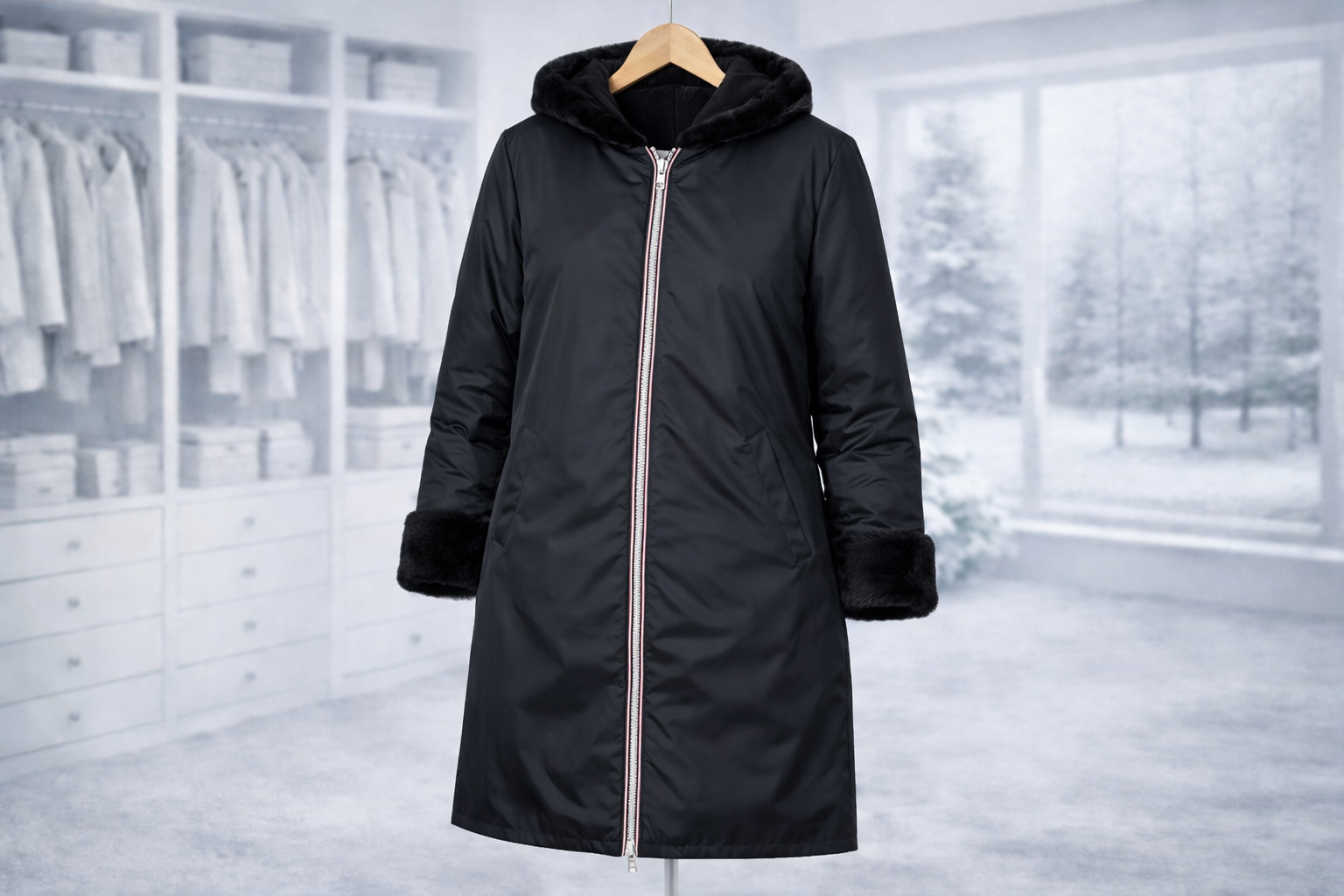 LAURA JO - Imperméable fourré réversible long (matelassé)- Noir